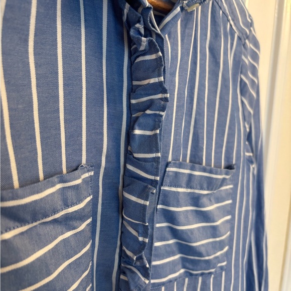 LOFT Button Down Striped Ruffled Blue & White Blouse - Medium - Picture 3 of 6